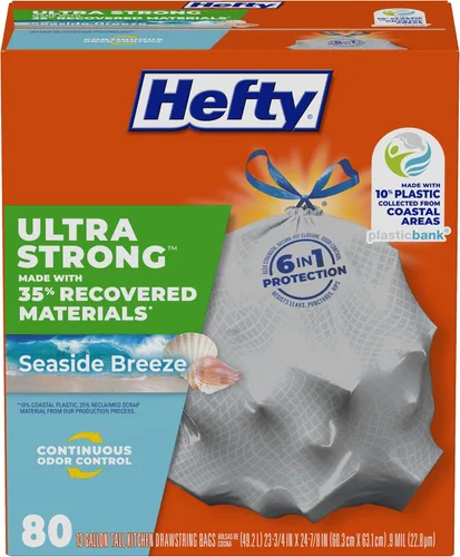 Hefty Bolsas de basura Ultra Strong ultra fuertes de 13 galones, bolsas de basura altas para cocina hechas con materiales recuperados, incluyendo