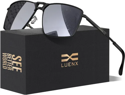 Miniatura 8 de LUENX Gafas de sol rectangulares de aviador para hombre, lentes polarizadas cuadradas con protección UV 400