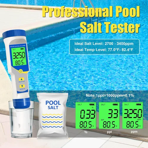 Miniatura 6 de Medidor de sal de piscina pH y sal para piscina de agua salada, pH y salinidad, medidor digital 7 en 1 para piscinas, jacuzzis y spas de natación