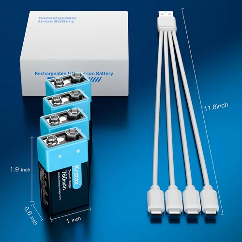 Miniatura 9 de Kratax Baterías de litio recargables USB de 9 V, paquete de 4 baterías recargables de iones de litio de 6840 mWh, 9 voltios con cable de carga
