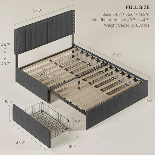 Miniatura 2 de Gizoon Estructuras de cama Full con 4 cajones de almacenamiento sobre ruedas y cabecero ajustable, se adapta a colchones de 6" a 12" pulgadas,