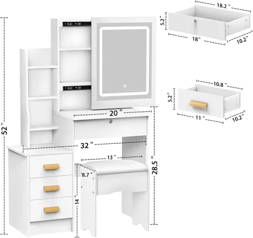 Miniatura 2 de Escritorio de tocador de maquillaje con espejo y luces, mesa de tocador con 4 cajones, 7 estantes y espacio extra oculto, tocador compacto