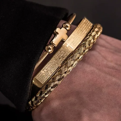 Miniatura 2 de Juego de pulseras de acero inoxidable Hip Hop para hombre joyería de cruz con dije abierto talla de la Escritura española JX5EU cruz plateada juego A