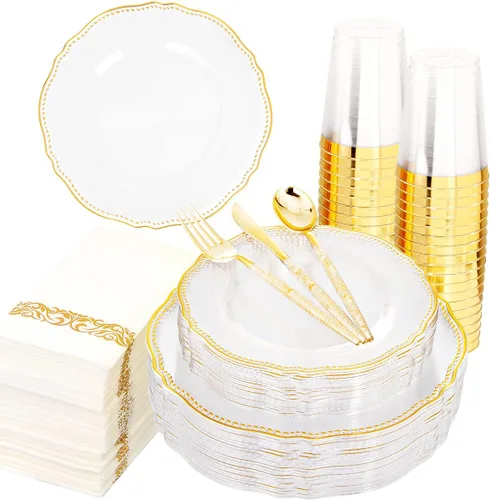 Hioasis 175 piezas de platos de plástico transparentes y dorados y cubiertos de plástico dorados con mango de purpurina dorada y vasos transparentes