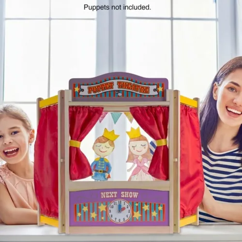 Miniatura 2 de HEY! PLAY! Teatro de marionetas para niños, juguete de mesa de madera de 30 x 26 pulgadas con cortinas, pizarra y reloj para inspirar imaginación