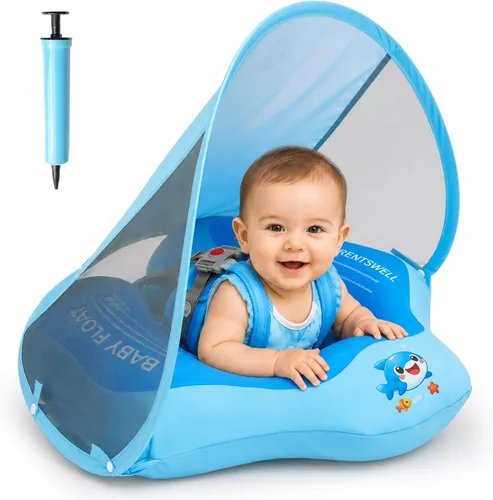 Flotador de piscina para bebé con toldo UPF50+, cubierta de tela suave, flotadores para bebé con asiento de seguridad, flotadores para bebés de 6 a