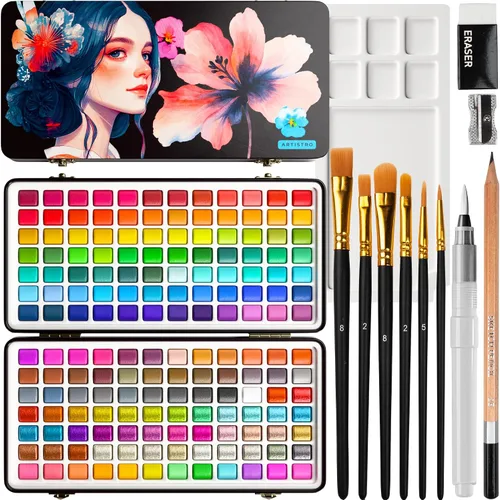 Miniatura 11 de ARTISTRO Juego de 18 pinturas de acuarela metálicas, juego de paleta que incluye 12 acuarelas metálicas con purpurina y 6 colores camaleón. Juego