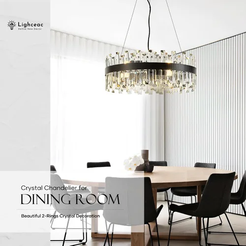 Miniatura 3 de Lámpara de Araña de Cristal Moderna Negra de 21.7", Accesorios de Iluminación de Lujo, Candelabros de Cristal de 2 Anillos para Comedor, Iluminación