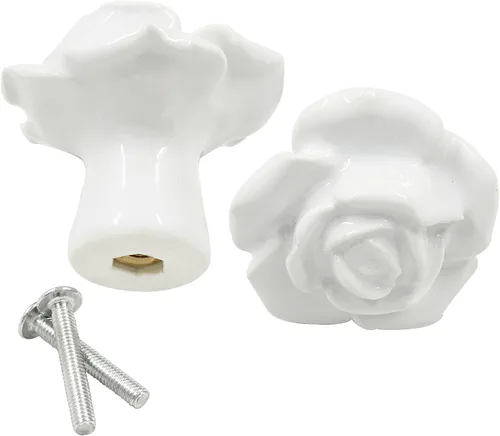 Miniatura 4 de Bonsicoky 2 tiradores de cajón de rosas blancas, pomos de cerámica para decoración de cajones, gabinetes, aparadores, armarios, puertas Blanco