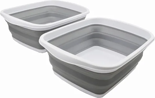 SAMMART Tina plegable de 10 litros (2.6 galones) - Tina plegable para platos - Lavabo portátil - Tina de plástico que ahorra espacio (blanco/gris, 2)