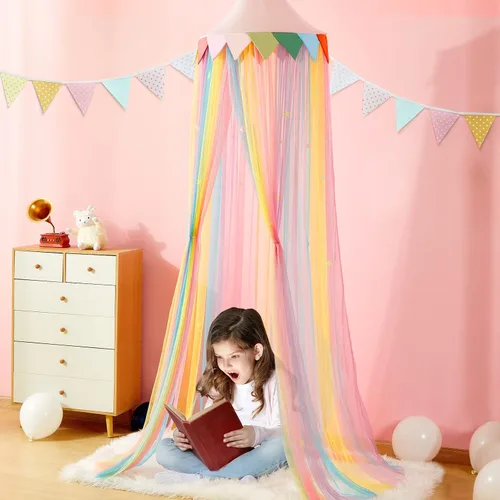 Miniatura 6 de LOAOL Toldo de cama para niños – Cortinas de cama con toldo de sueño de hadas con red colgante de color arcoíris, cúpula redonda rosa con bandera