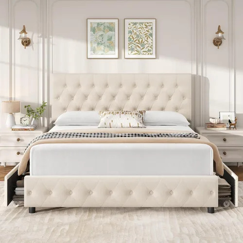 Miniatura 3 de Keyluv - Marco de cama tapizado moderno con 4 cajones de almacenamiento, diseño de cabecera con botones, soporte de listones de madera maciza, fácil