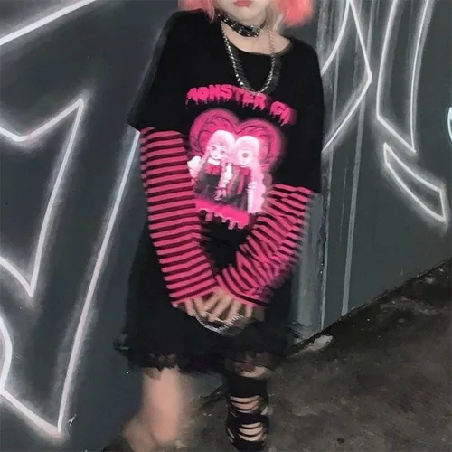 Miniatura 2 de PAROSEN Camisa gótica para mujer, camisas kawaii Harajuku moda gótica Y2K Grunge Tops para adolescentes niñas Anime manga larga