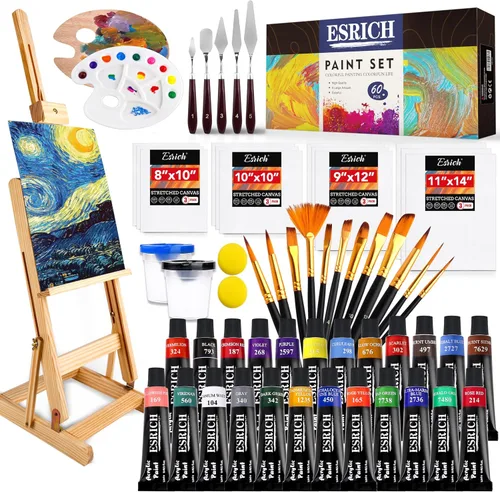 Miniatura 8 de Juego de pintura acrílica, 57 piezas de suministros de pintura profesional con pinceles, pintura acrílica, caballete, lienzos, almohadillas
