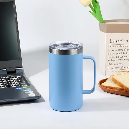 Miniatura 4 de Taza de café aislada de 22 onzas con asa y tapa a prueba de fugas, vaso de viaje de acero inoxidable de doble pared para viajes, oficina, hogar