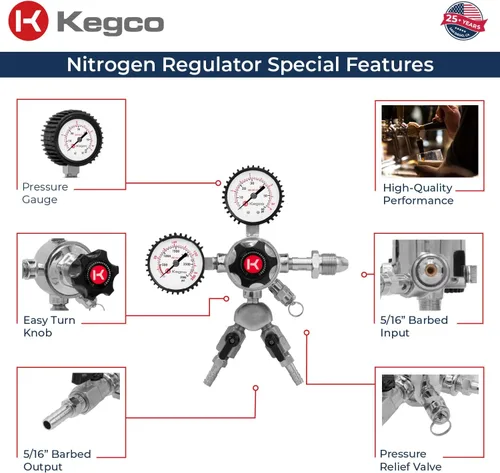 Miniatura 3 de Kegco Elite Series Dual Gauge Regulador de cerveza de barril de nitrógeno de dos productos, cromo
