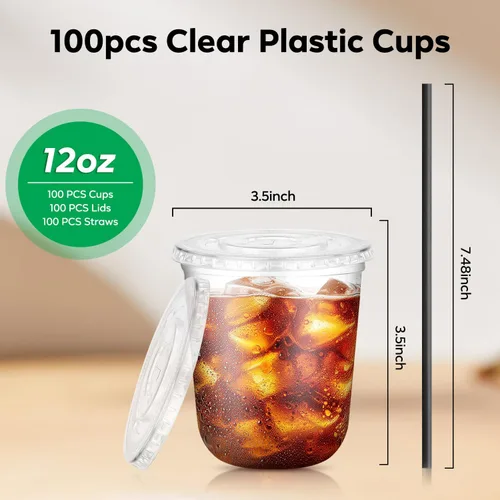 Miniatura 3 de Paquete de 100 vasos de plástico transparente con tapas planas y pajitas, tazas desechables de 12 onzas para café helado, vasos de plástico