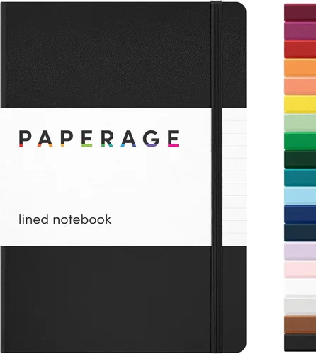PAPERAGE - Libreta de rayas, tipo diario (color negro), 160 páginas, tamaño mediano de 14.2 cm x 20.3 cm - Papel grueso de 100 g/m² – Libreta de