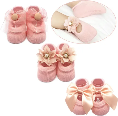 Miniatura 7 de Elesa Miracle Mary Jane Calcetines antiderrapantes para bebé niña Paquete de calcetines adorables antiderrapantes con flores perlas y moños