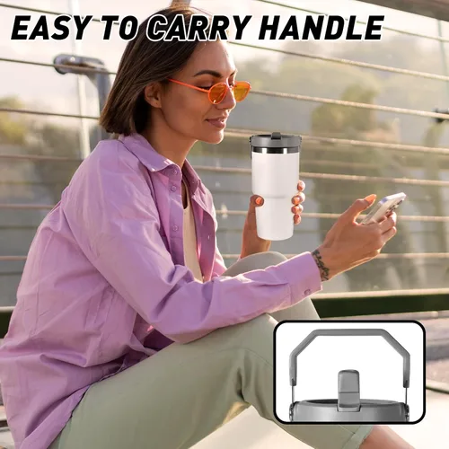 Miniatura 4 de Vaso de 20 onzas con asa, vaso aislado con tapa y popote abatible a prueba de fugas, de acero inoxidable de doble pared, taza de café de viaje