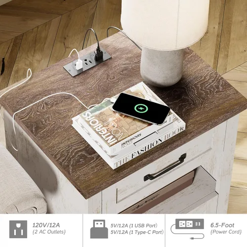 Miniatura 5 de WAMPAT Mesita de noche con estación de carga y 2 cajones, mesa auxiliar de granja para sala de estar, mesita de noche retro de madera clara