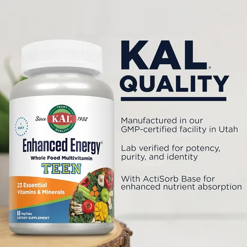 Miniatura 4 de KAL Teens - Suplementos energéticos mejorados, multivitamínico de alimentos integrales una vez al día con hierro, 23 vitaminas y minerales, apoyo