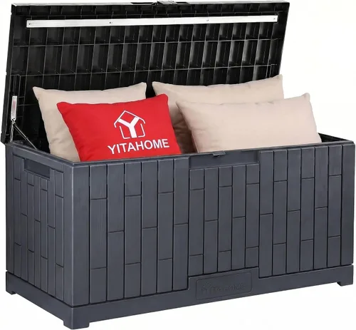 Miniatura 18 de YITAHOME Caja grande de cubierta de 120 galones con parte delantera en forma de X, cajas de almacenamiento de resina para exteriores, banco de Negro