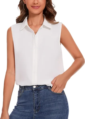 Miniatura 25 de YAMANMAN Camisa sin mangas con botones para mujer, blusa clásica con cuello redondo, camiseta básica de gasa para el trabajo y la oficina