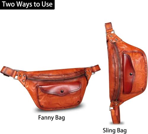 Miniatura 2 de Riñonera de cuero genuino para mujeres y hombres, bolso cruzado de cuero real vintage, bolso cruzado de moda para la cintura