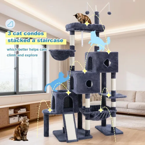 Miniatura 3 de Hey-brother Torre de árbol para gatos, postes rascadores con 3 condominios, canasta grande, cama acogedora, tabla de sisal, camino de escalada paso