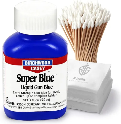 Kit de azulado de metal para pistola de madera de abedul, Casey Super Blue de 3 onzas, acero restaurador incl. 50 parches de limpieza de pistolas y
