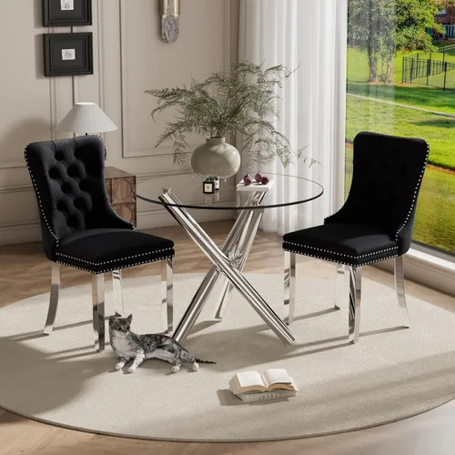 Miniatura 34 de Juego pequeño de mesa redonda con tapa de vidrio transparente para 2, 36'' Juego moderno de lujo para cenas circulares, 3 piezas Juego minimalista