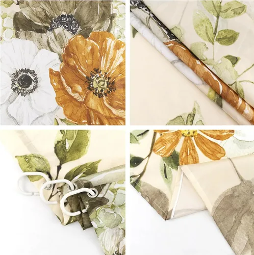 Miniatura 3 de LB Cortina de ducha floral de otoño, flores silvestres blancas y naranjas y hojas de arce gris sobre tela beige con ganchos, juego de baño botánico