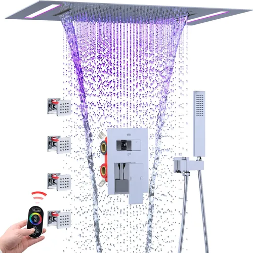 Miniatura 10 de ENGA Sistema de cabezal de ducha de lluvia doble, 2 en 1 funciones de montaje en techo, cabezal de ducha LED de 14 x 20 pulgadas con cabezal de Oro