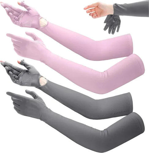 Miniatura 7 de Yahenda - 2 pares de guantes UV de protección solar larga para mujer, guantes de conducción con pantalla táctil, guantes de brazo de protección