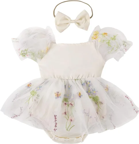 Miniatura 11 de IDOPIP Conjunto de 2 piezas para bebé recién nacido, con diadema, bordado de flores, tutú, princesa, fiesta de cumpleaños, conjunto de ropa