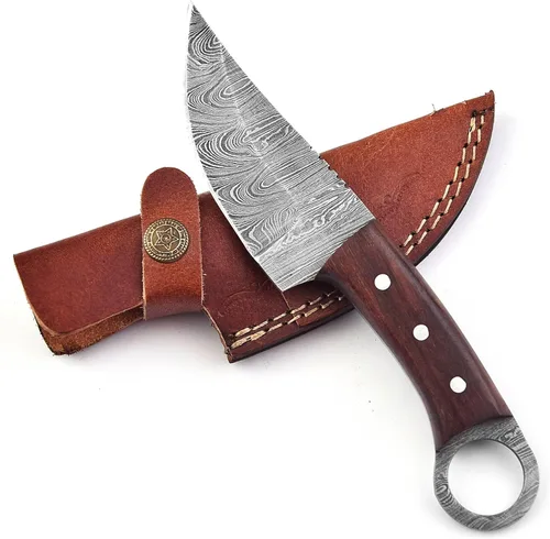 Miniatura 7 de Cuchillo de caza de hoja de acero de Damasco con lazo para cinturón de cuero, cuchillos de damasco de hoja fija para hombres, el mejor cuchillo