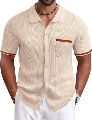 COOFANDY Camisa de punto con botones para hombre, estilo vintage, de manga corta, estilo casual, para la playa