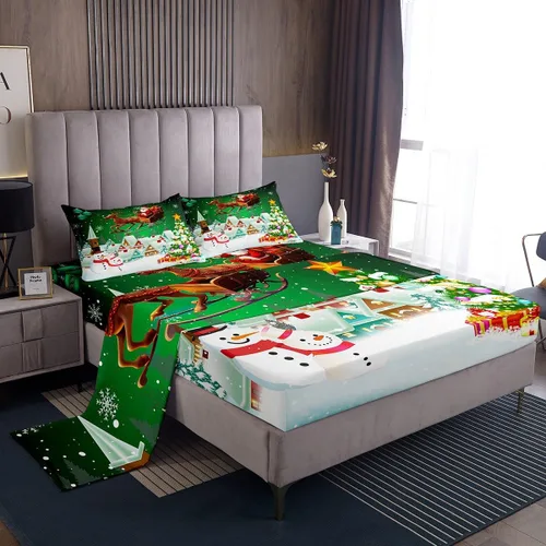 Miniatura 3 de Manfei juego de sábanas de Navidad tamaño completo, juego de sábanas con muñeco de nieve y árbol de Navidad de 4 piezas con sábana bajera de Multi 03