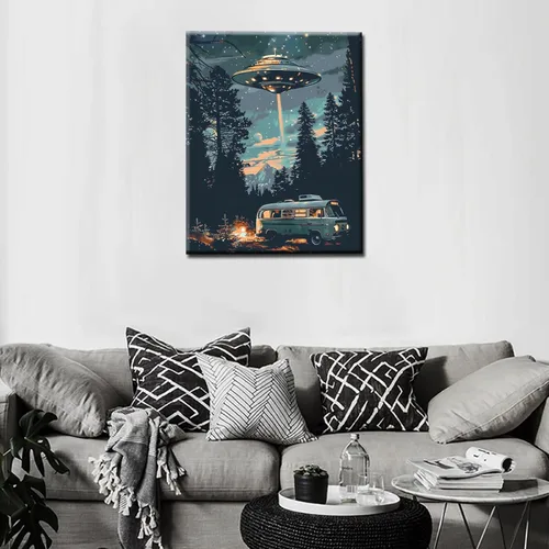 Miniatura 3 de Tucocoo - Kit de pintura al óleo por números para adultos, UFO estrellado DIY, autobús en el bosque, pintura acrílica, arte de luna y estrellas