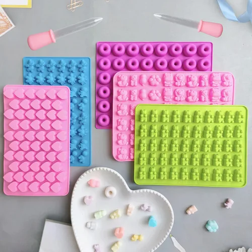 Miniatura 4 de LeLehome Juego de 5 moldes de silicona para gomitas, osos, dinosaurios, animales, donas, 261 cavidades con 2 goteros, antiadherentes, sin BPA