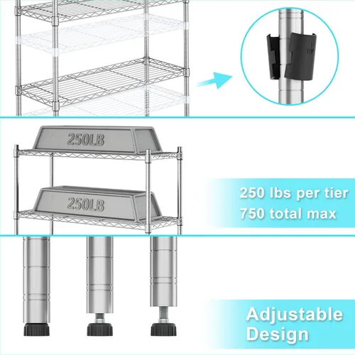 Miniatura 6 de Auslar Estantes de alambre de almacenamiento de 3 estantes, resistentes de 3 niveles, estantes de pie, organizador de metal ajustable, estante