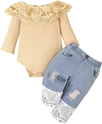 Miniatura 37 de Conjunto de ropa de bebé niña para bebé, mameluco de encaje blanco de manga larga + pantalones de mezclilla