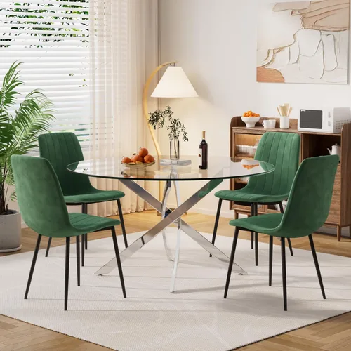 Miniatura 24 de Moderno juego de mesa redonda de vidrio para 4, 36 pulgadas, pequeña base negra de vidrio templado con 4 sillas de comedor minimalistas beige, juego