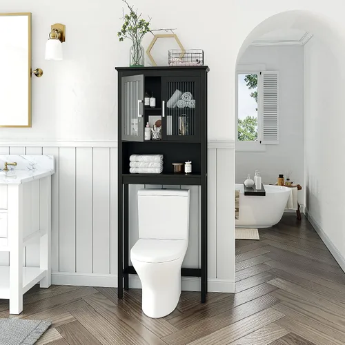Miniatura 3 de Spirich Home - Estantería de baño situada sobre el inodoro, organizador de armario de baño con puerta de cristal templado Moru Espresso