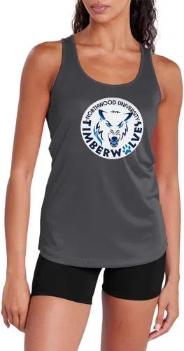 Miniatura 96 de Camiseta deportiva sin mangas oficial de la NCAA Collegiate para mujer, con espalda cruzada, logotipo primario, colección carbón