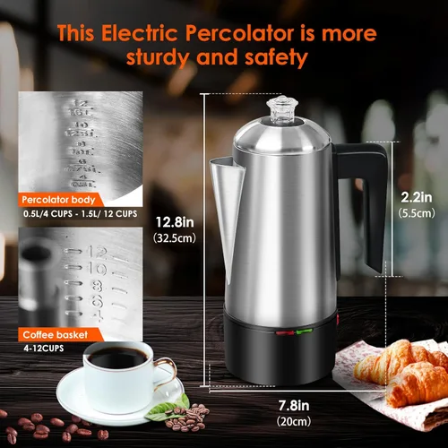 Miniatura 3 de Percolador de café eléctrico de 12 tazas, cafetera percoladora de 800 W, acero inoxidable con perilla transparente, mango de tacto frío, percolador