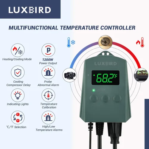 Miniatura 2 de LUXBIRD Termostato digital con termostato de calor y refrigeración de 10 A 1200 W para plántulas, reptiles y cerveza, cría, incubación, invernadero