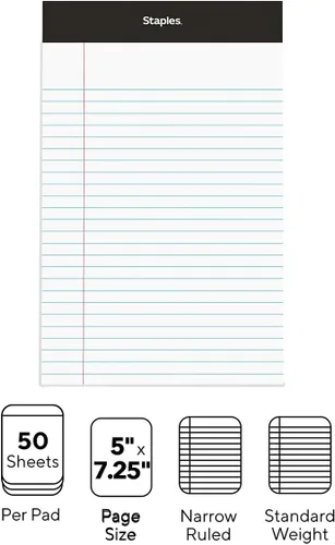 Miniatura 3 de STAPLES Bloc de notas, 5 x 8 pulgadas, rayas estrechas, blanco, 50 hojas/bloc, paquete de 12