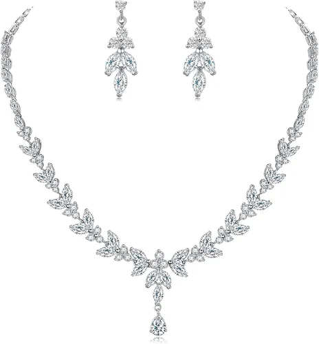 Wedding Jewelry Set for Bride Bridal Jewelry Set for Wedding Cubic Zirconia Necklace Earrings Bracelet Sets for Bride Silver Jewelry Set for Women